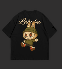 Black oversize Labubu limited edition shirt with cartoon character and cursive Labubu text on back