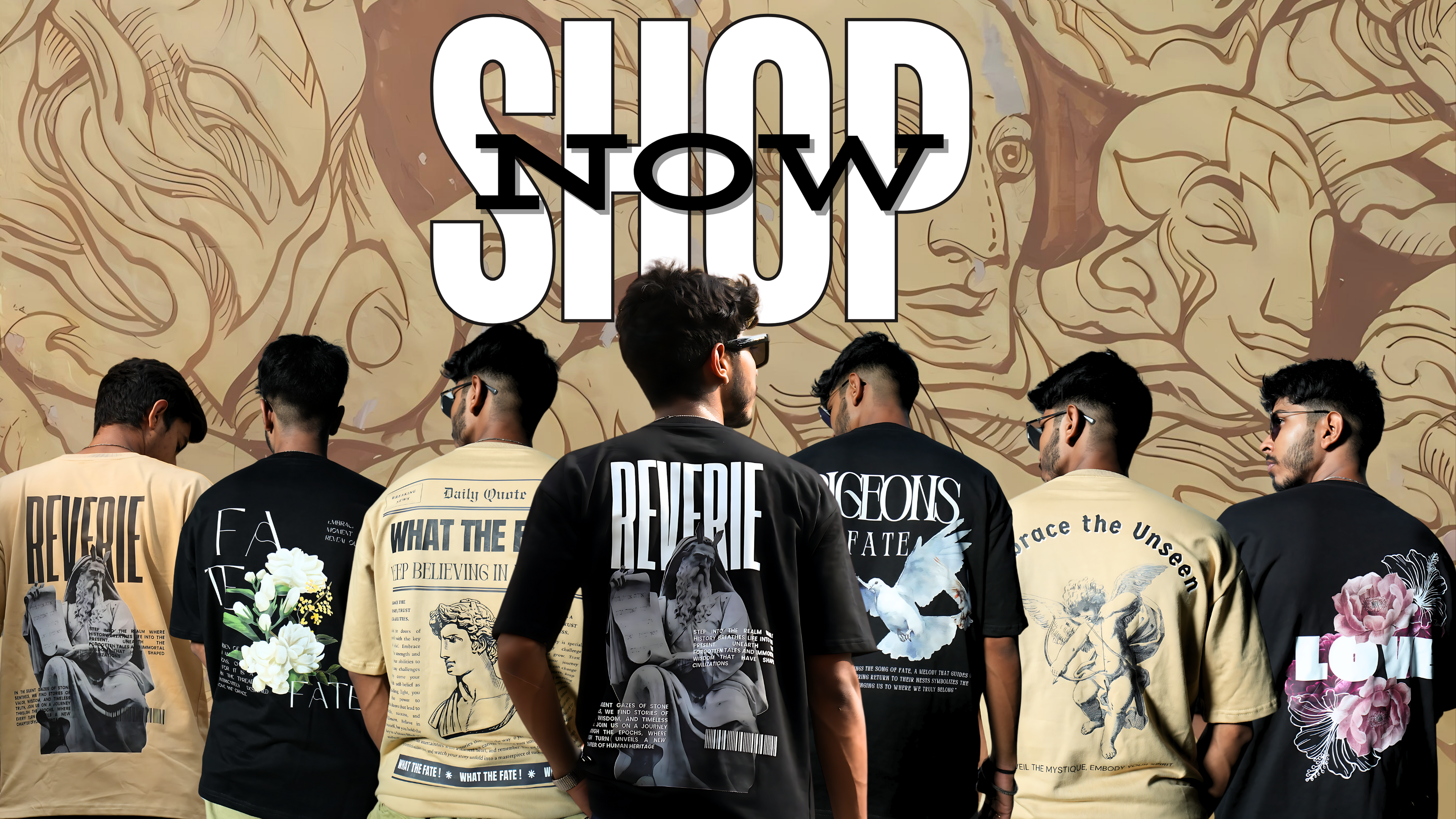 Diverse Models Showcasing WHAT THE FATE Oversized T-Shirts with Unique Graphic Designs for Premium Streetwear