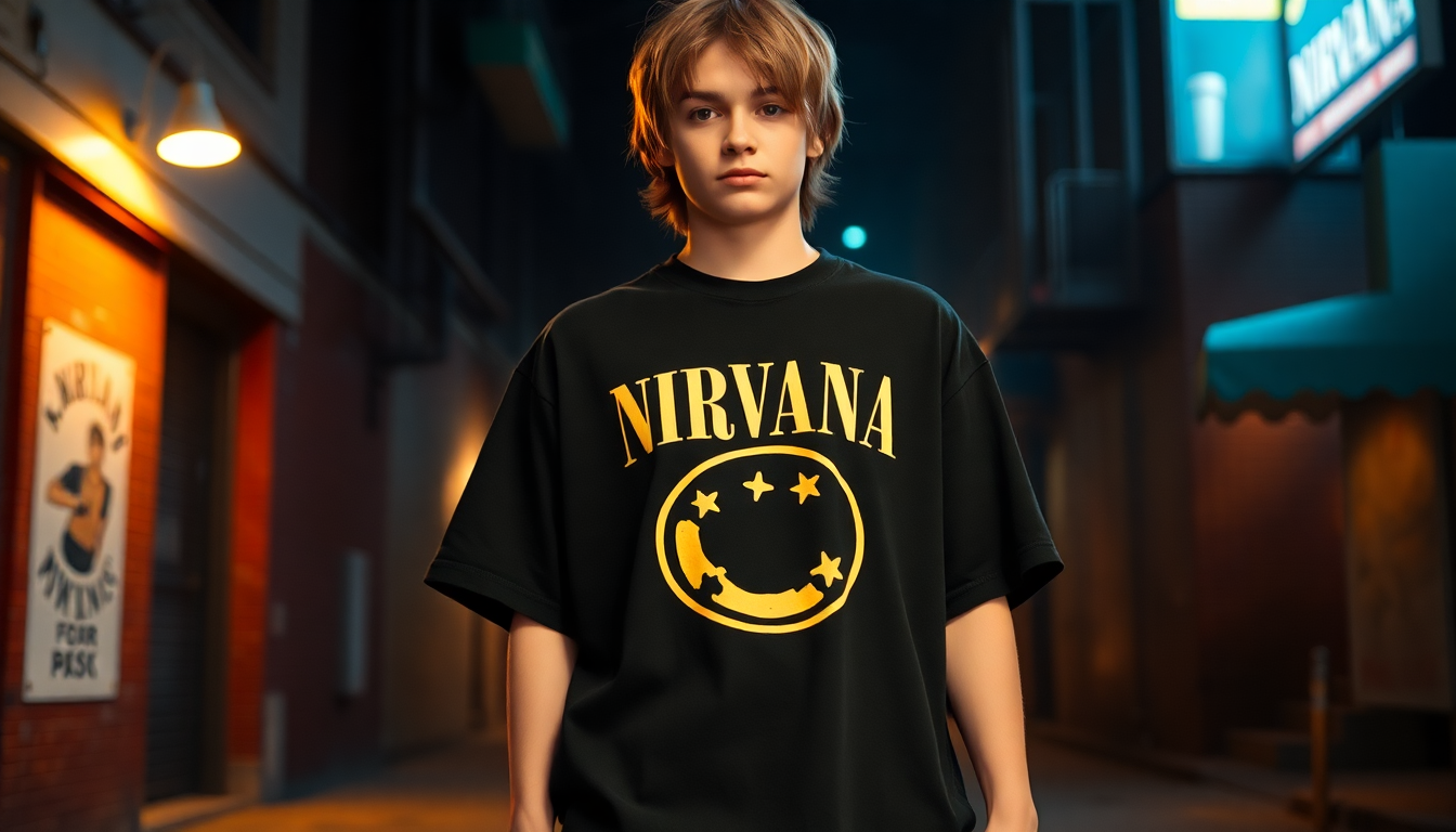 Trendy streetwear styles 2025 featuring an oversized Nirvana tee in an urban setting