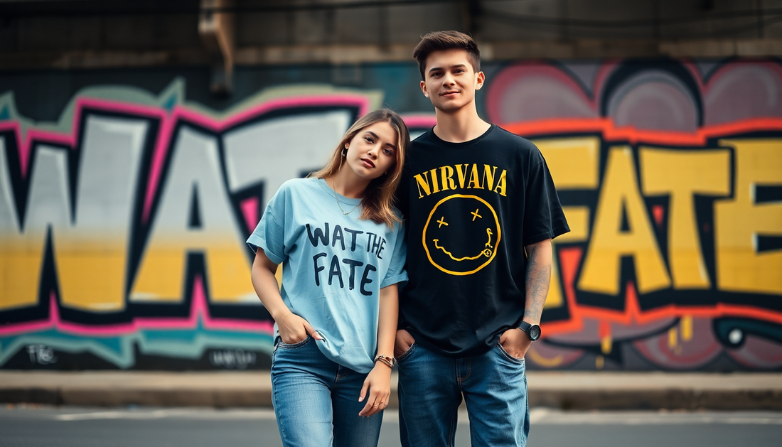 Trendy oversized tees showcased by a man and woman against a colorful street mural