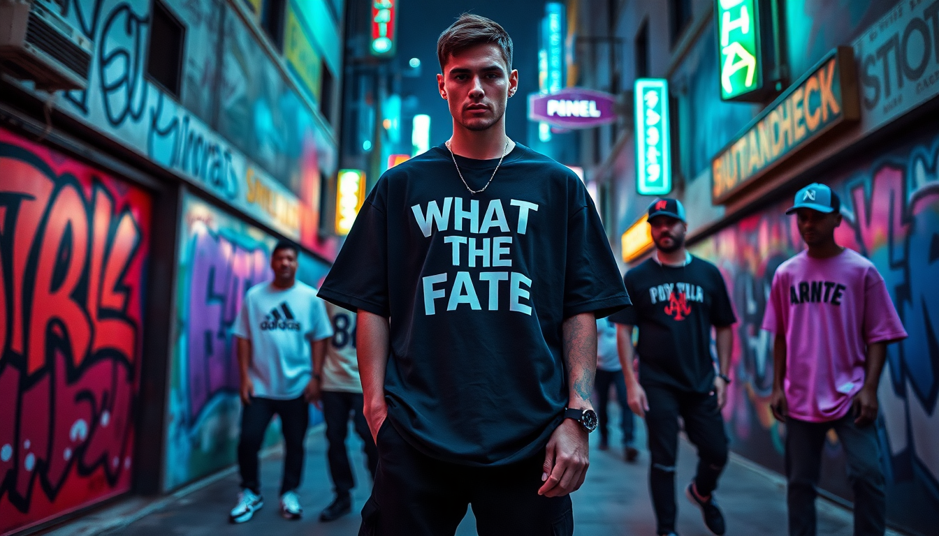 Streetwear fashion trends 2025 featuring oversized tees with bold graphics in a vibrant urban setting