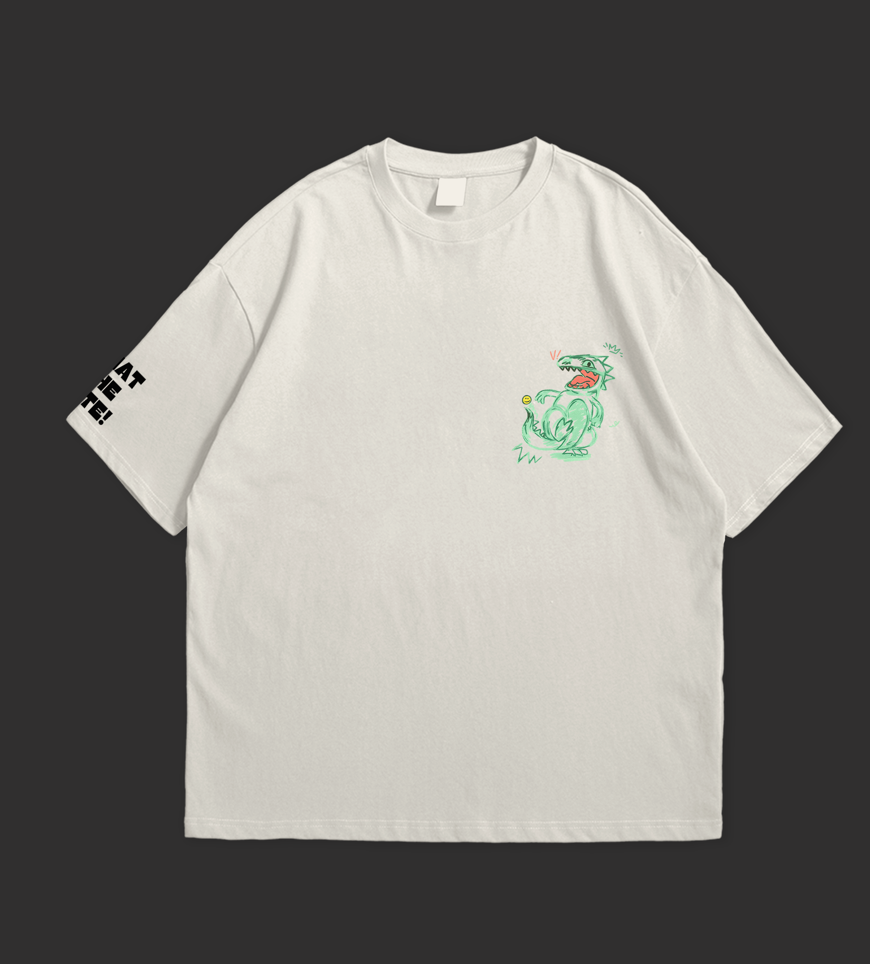 White t-shirt with colorful dinosaur graphics on a black background