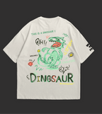 White t-shirt with colorful dinosaur graphics on a black background