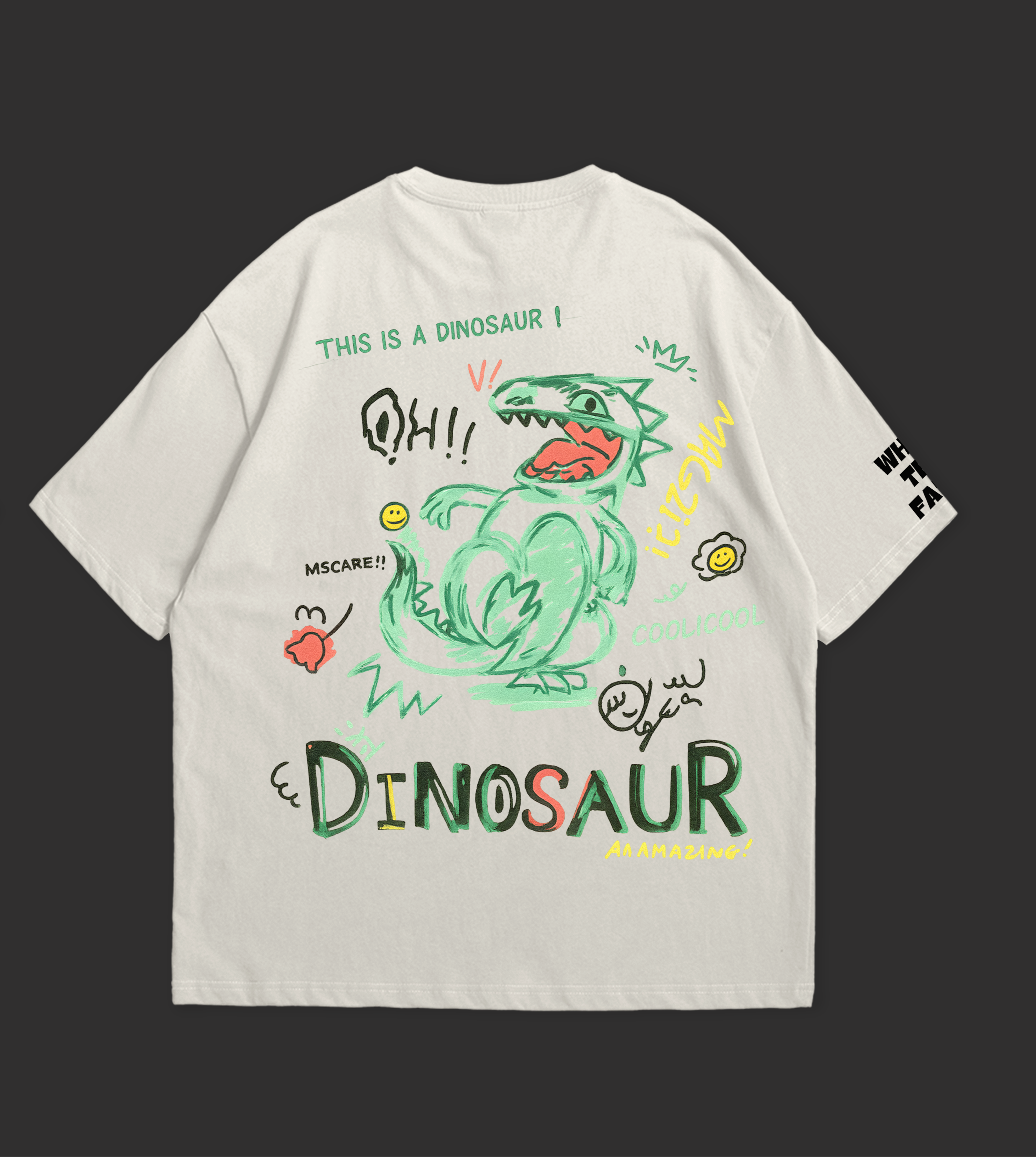 White t-shirt with colorful dinosaur graphics on a black background