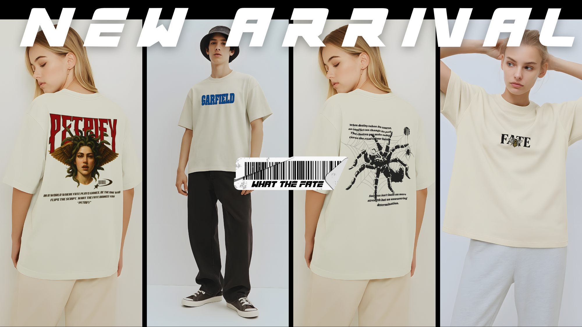 Four people wearing different t-shirts with various designs and text, set against a white background.