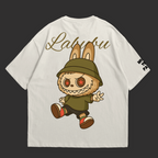 White t-shirt with Labubu character design on a black background