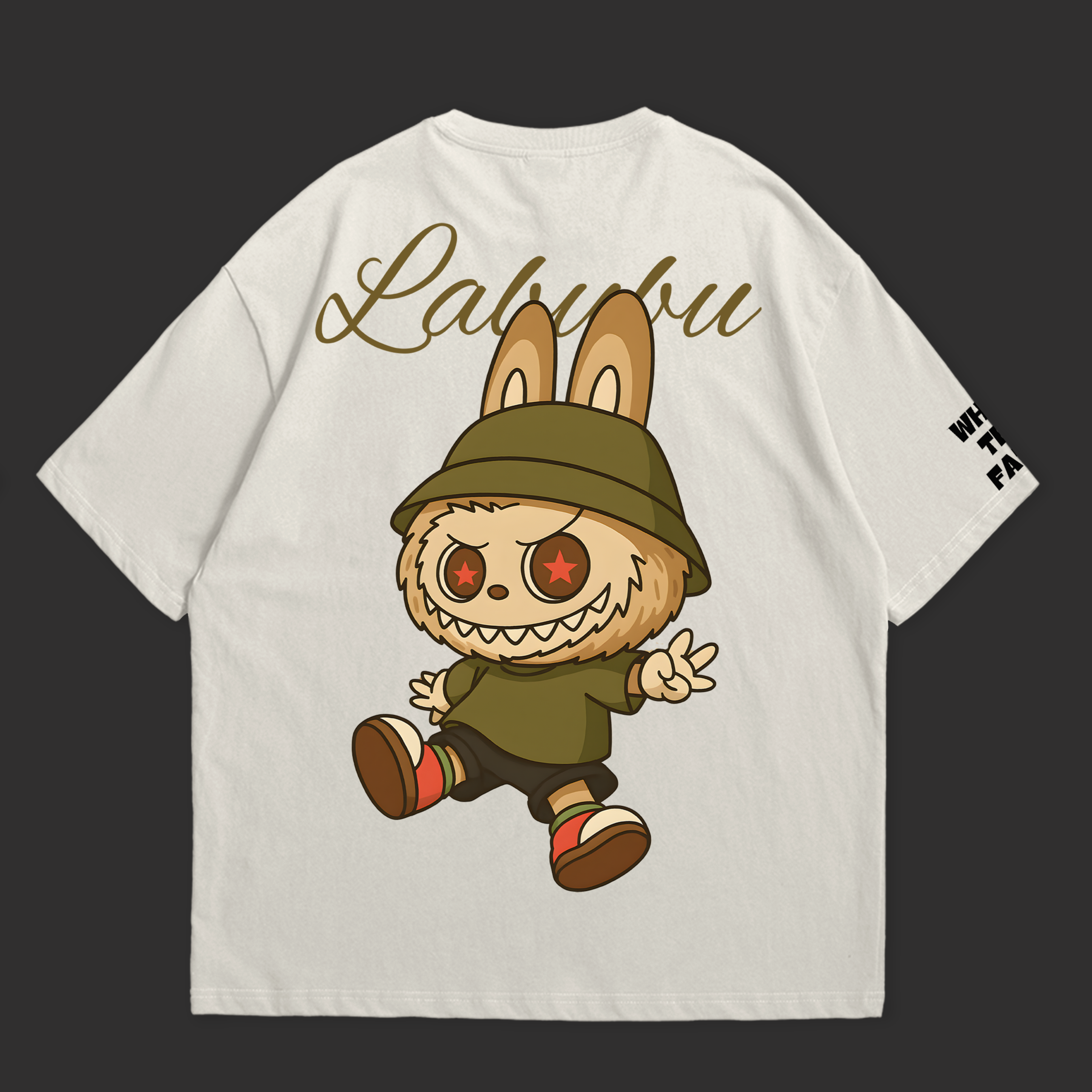 White t-shirt with Labubu character design on a black background
