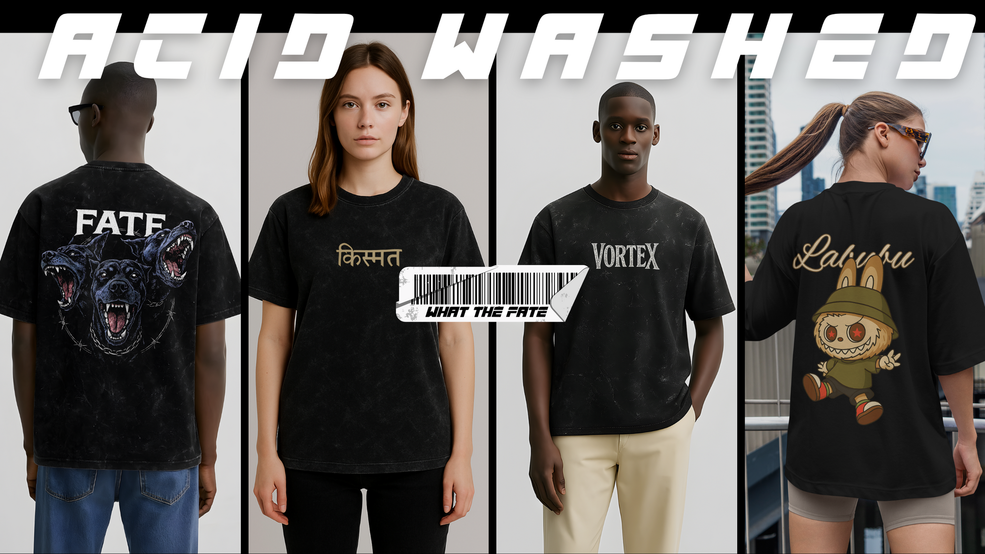 Four people wearing black t-shirts with different designs and text, with 'ACID WASHED' text at the top.
