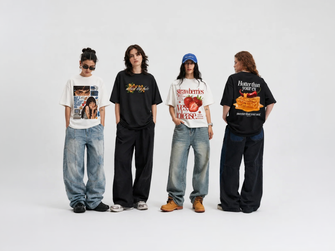 Four people wearing different graphic t-shirts on a white background