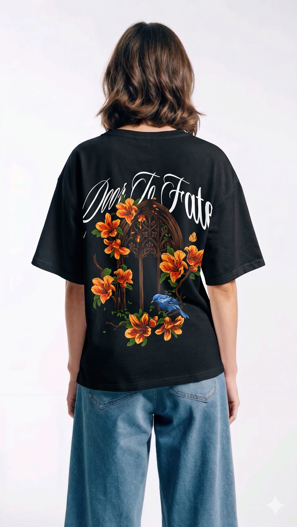 Door To Fate Oversized T-Shirt – Floral Graphic Black