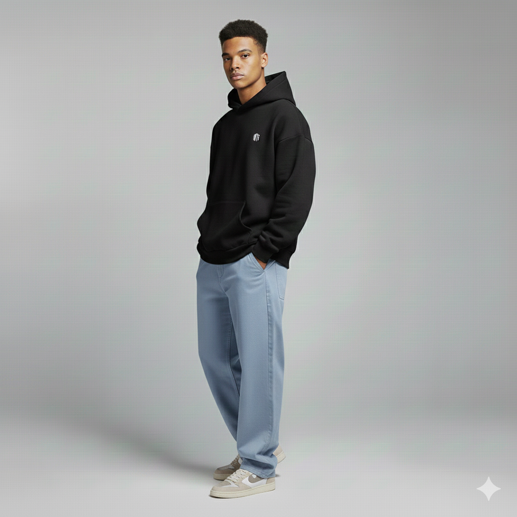 Man wearing a black hoodie and light blue jeans on a gray background