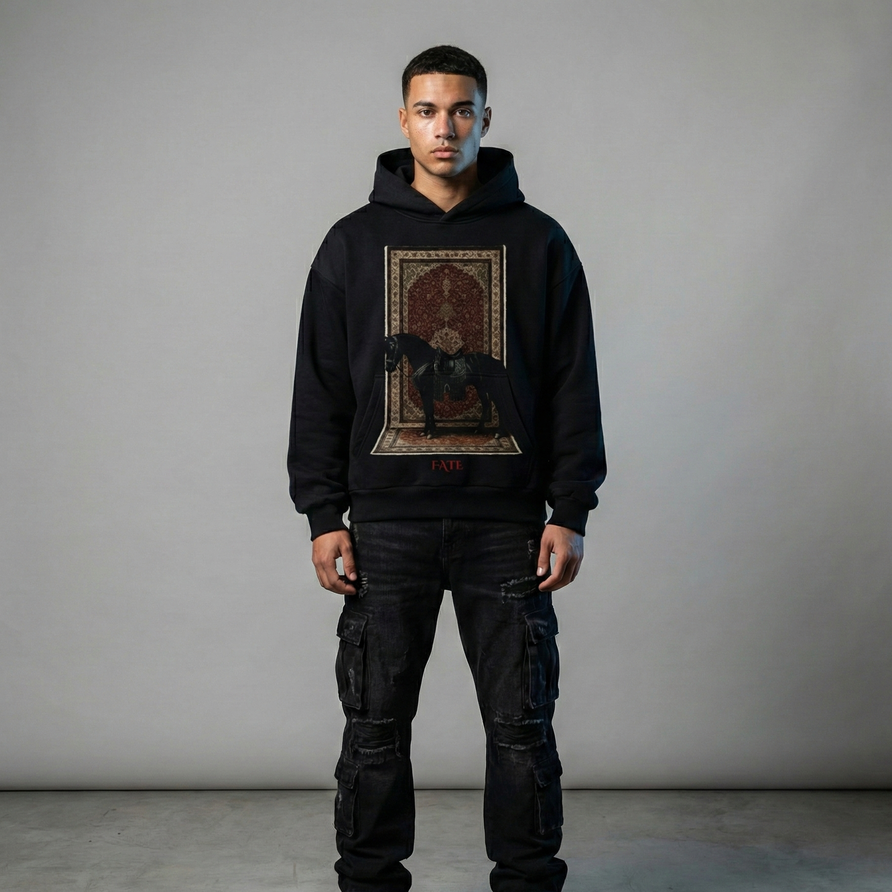 Royal Horse Oversized Black Hoodie – Persian Carpet Art