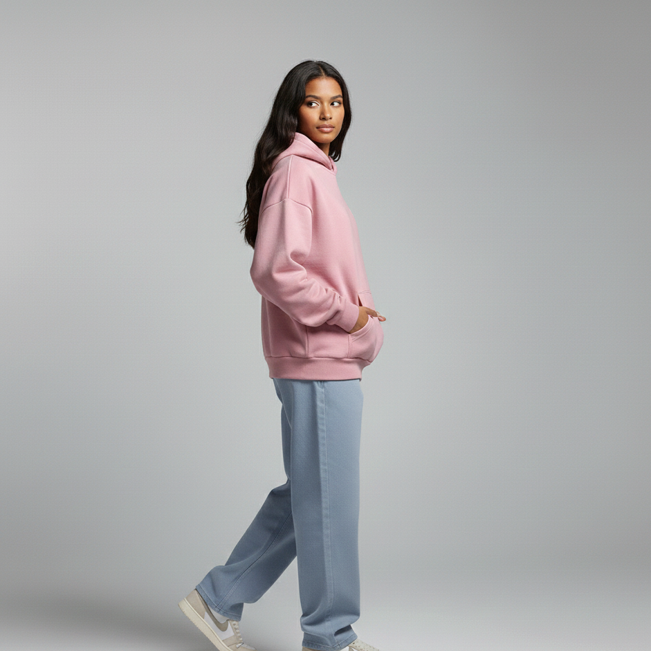 Person wearing a pink hoodie and light blue pants on a gray background