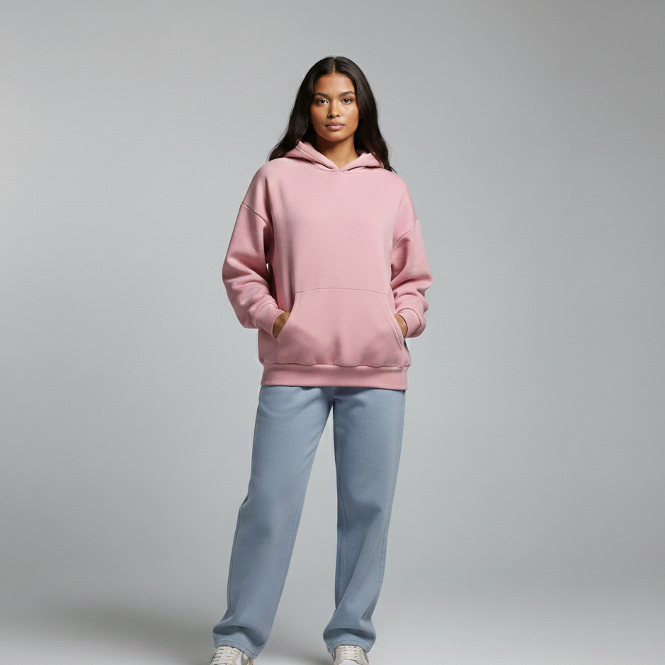 Person wearing a pink hoodie and light blue pants on a gray background