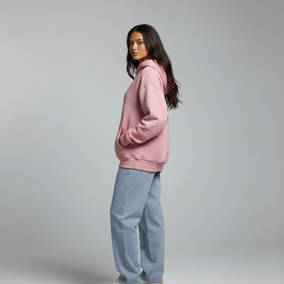 Person wearing a pink hoodie and light blue jeans on a gray background