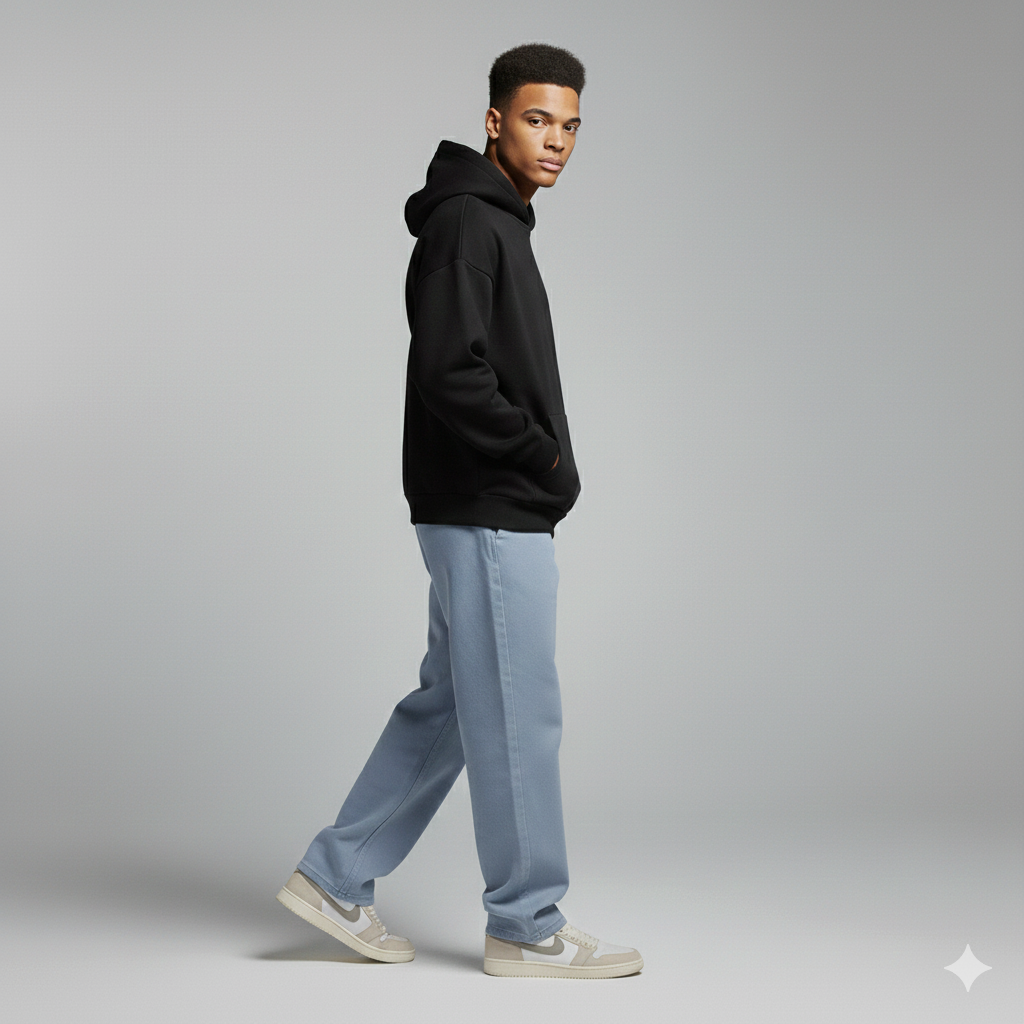 Man wearing a black hoodie and light blue jeans on a gray background