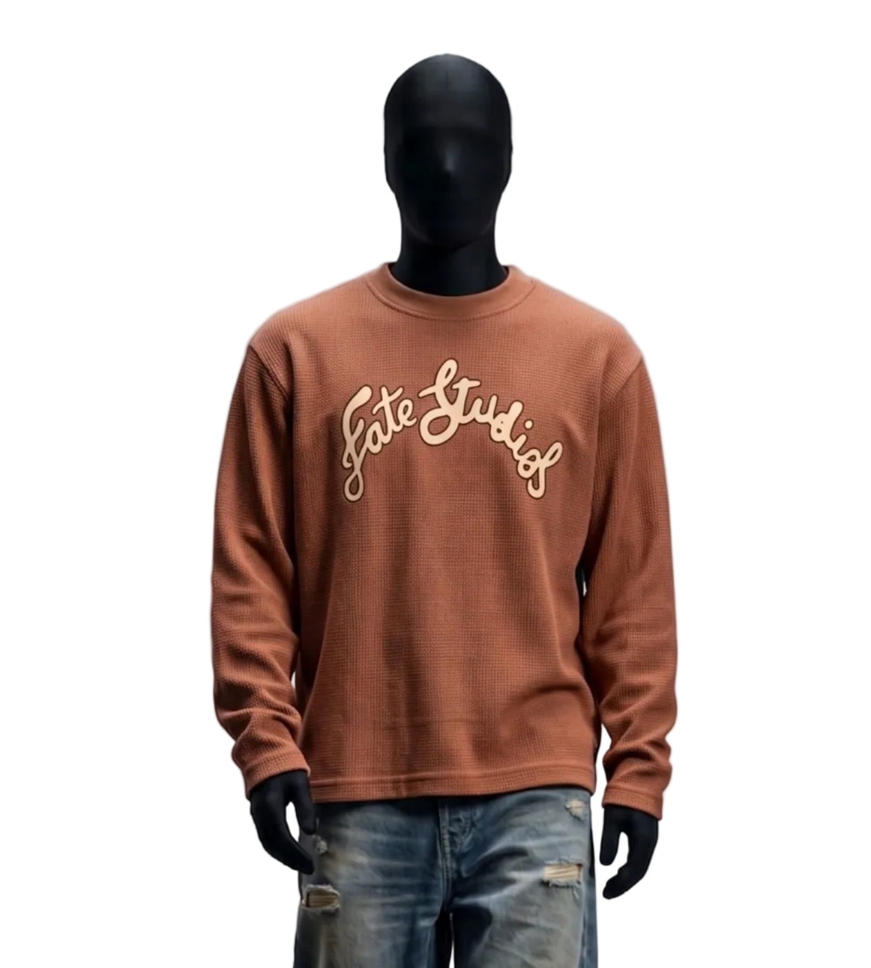 Mannequin wearing a brown sweatshirt and ripped jeans on a gray background