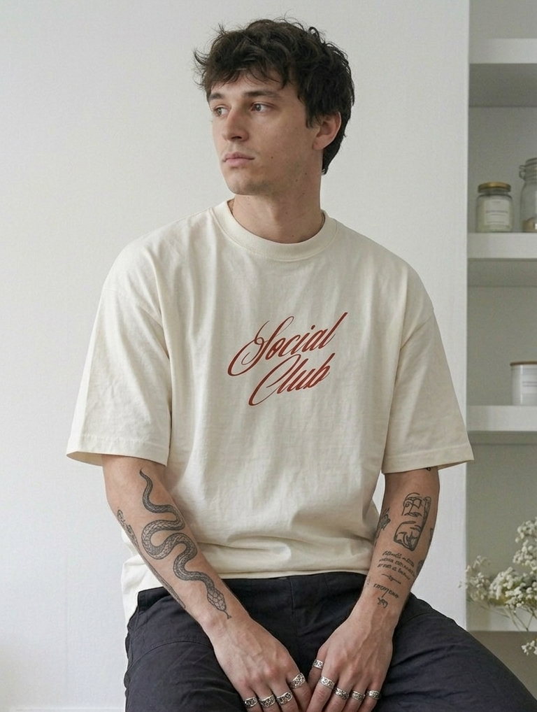Man wearing a 'Special Club' t-shirt sitting indoors.