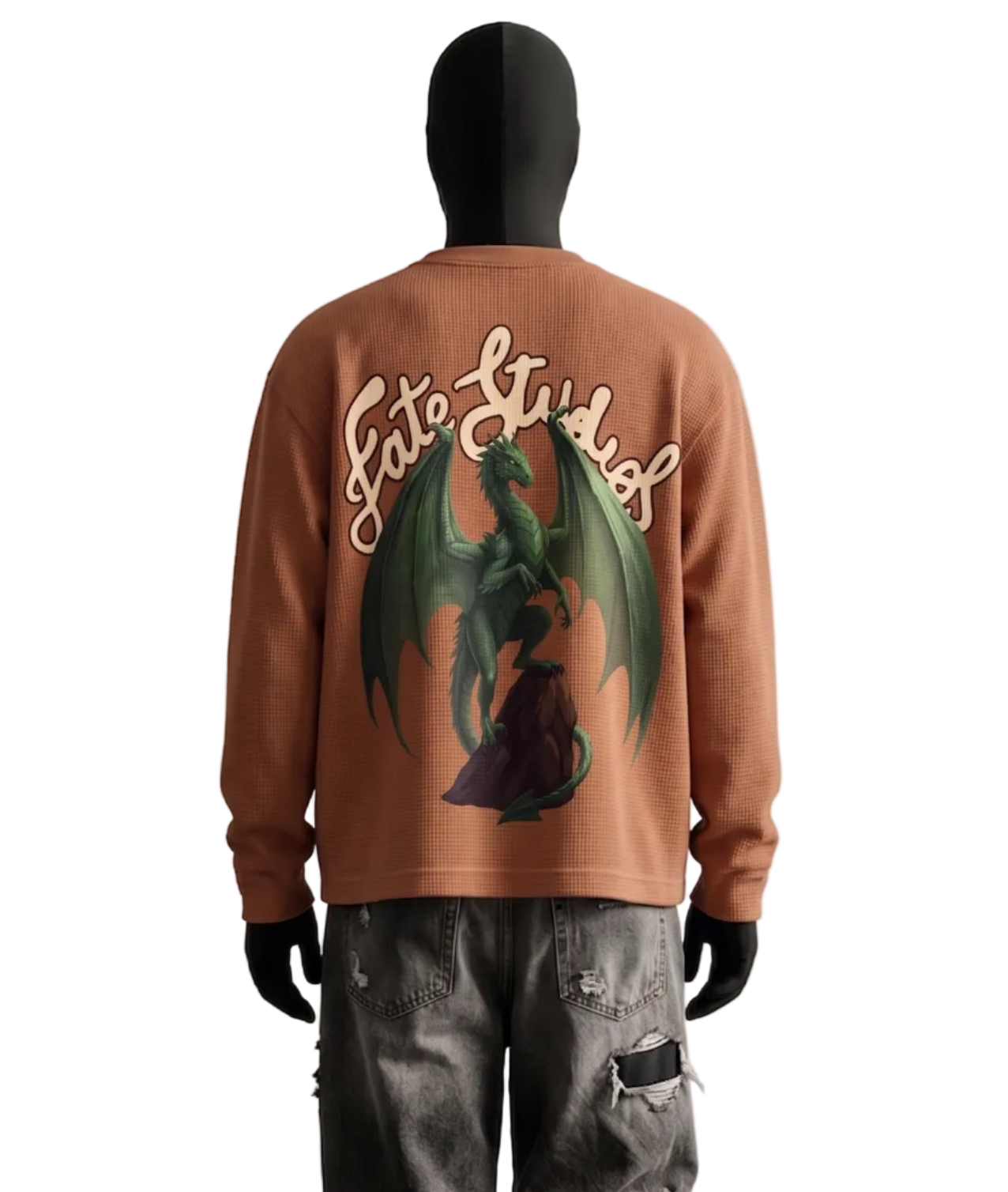 Mannequin wearing a brown sweatshirt with graphic design and text, standing on a treadmill.