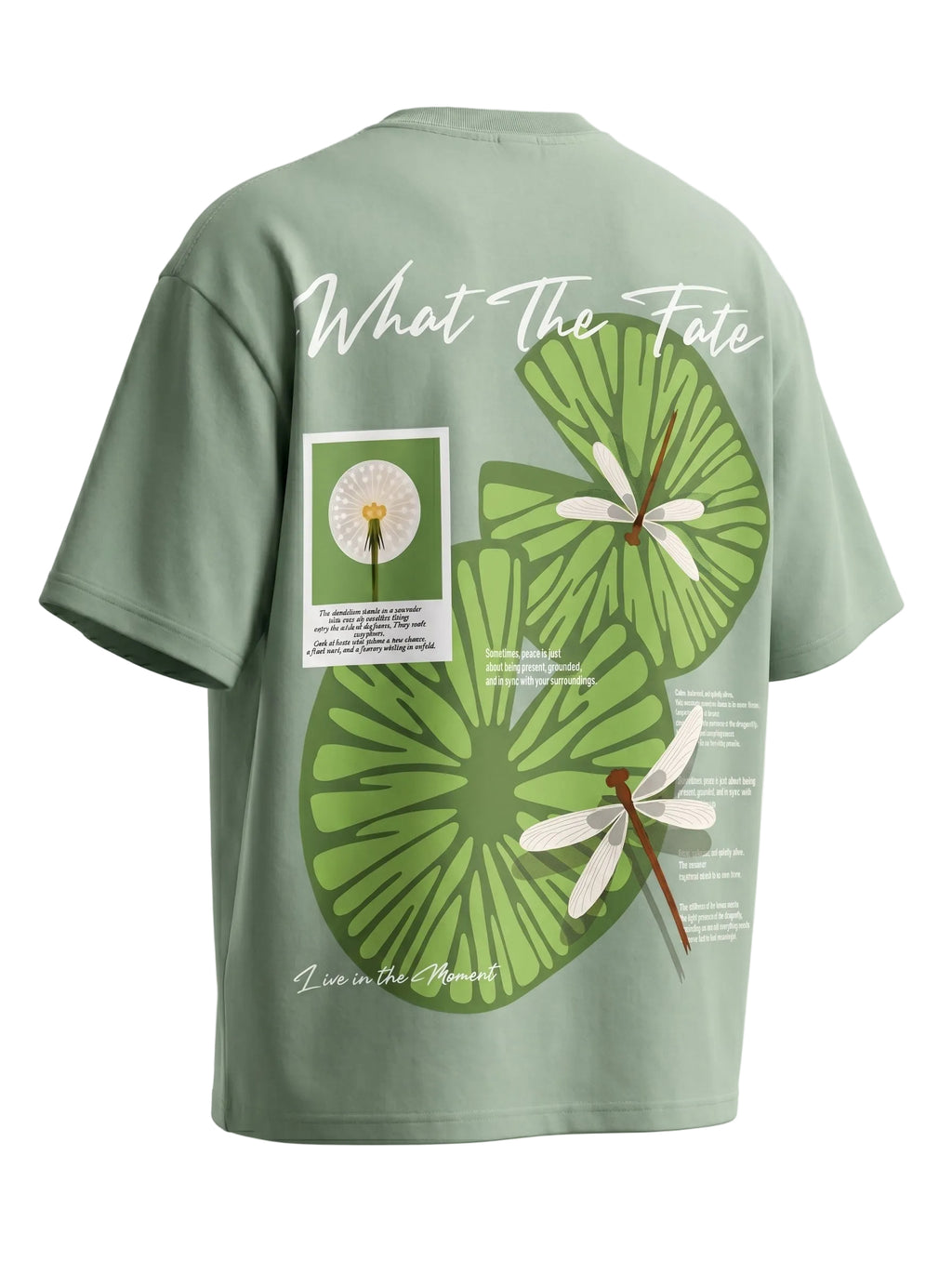 Green t-shirt with nature-themed design and text on a white background