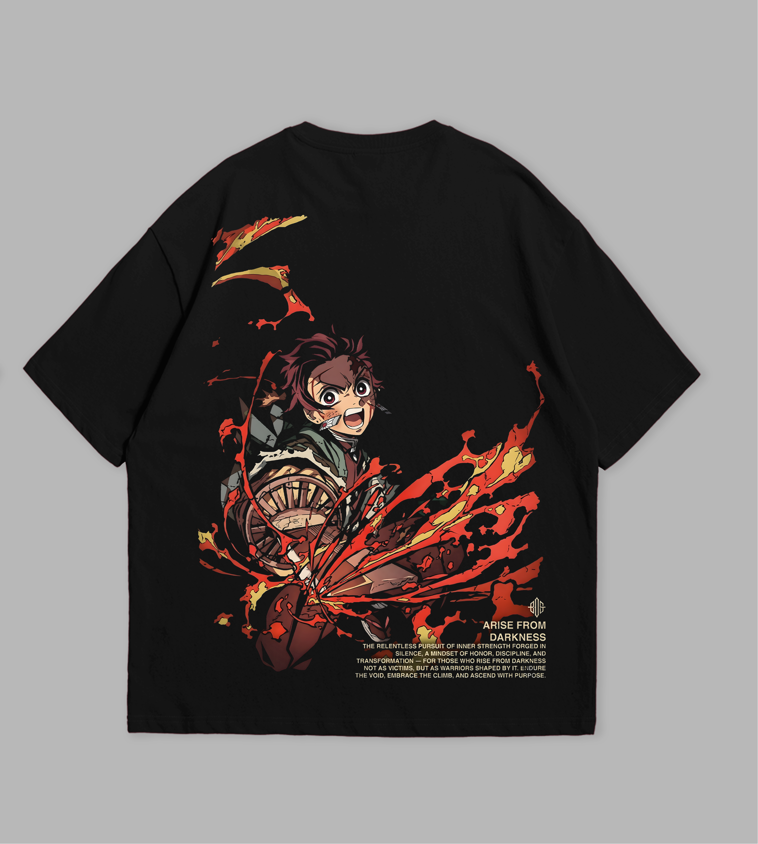 Black t-shirt with anime character design on a gray background