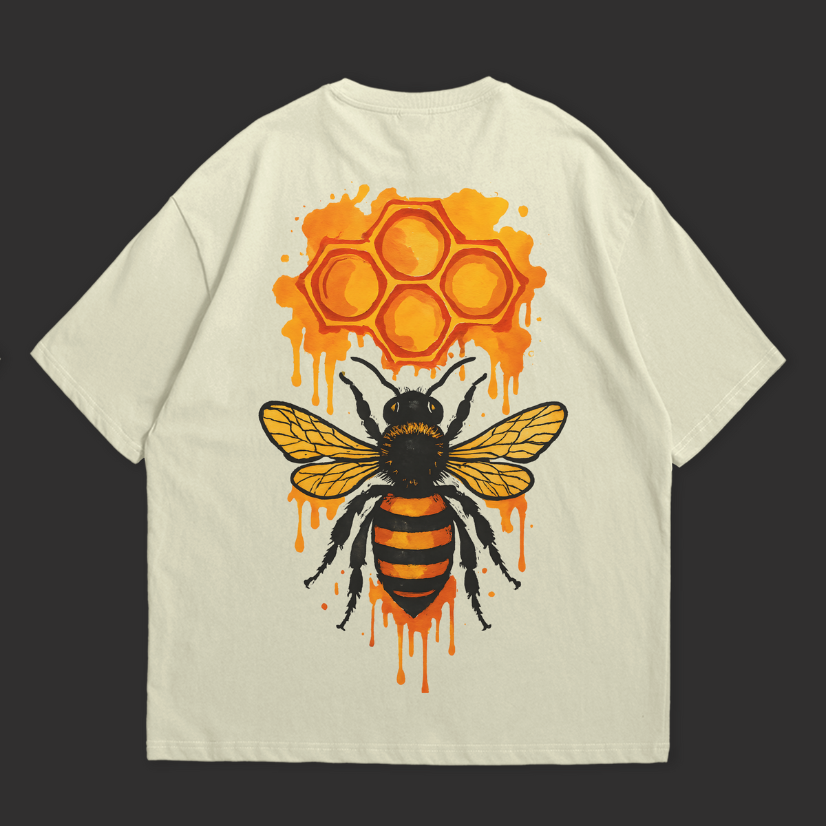Bee Fate oversized T-shirt featuring a colorful bee and honeycomb graphic on the back