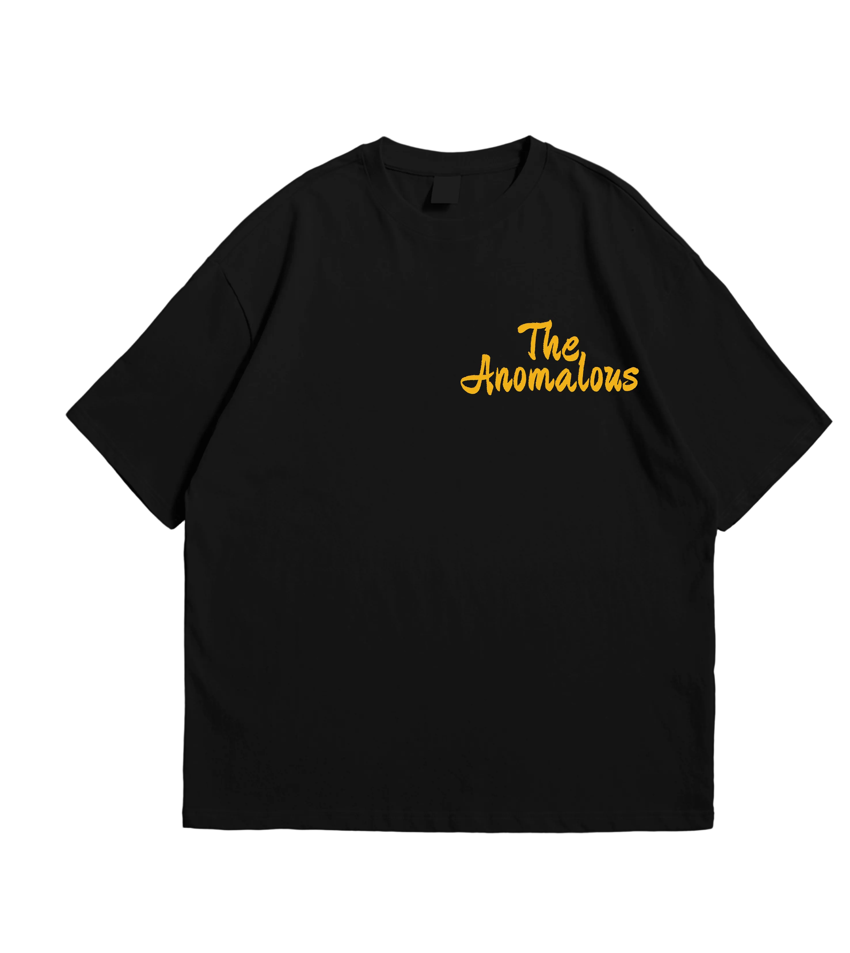 Black t-shirt with 'The Anomalous' text in yellow on a dark background