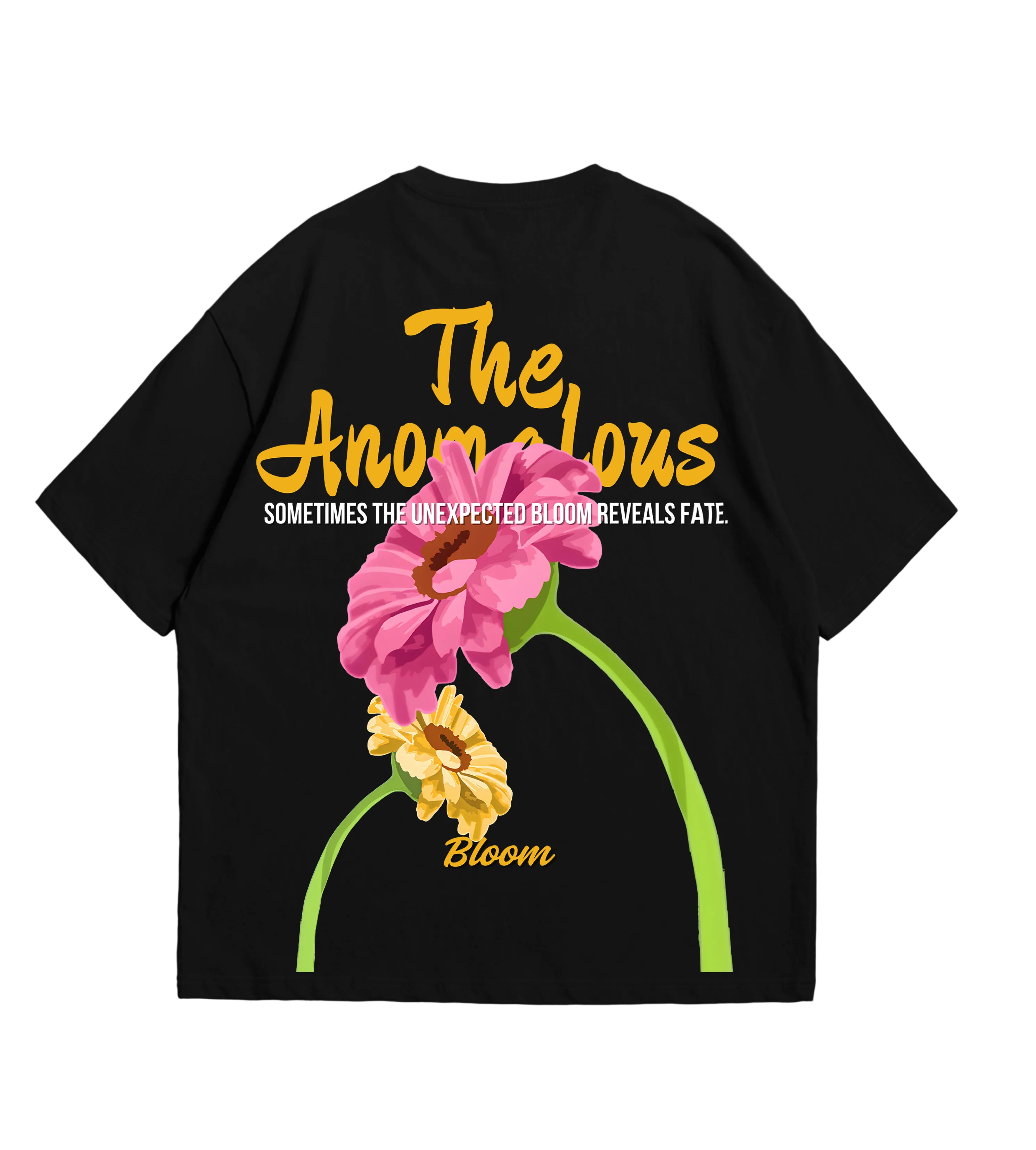 Black t-shirt with floral design and text on a dark background