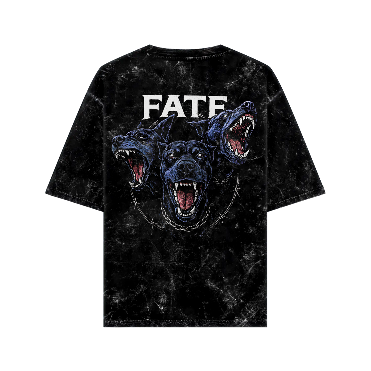 WHAT THE FATE Cerberus graphic tee with bold three-headed dog design on a black oversized t-shirt