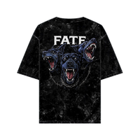 WHAT THE FATE Cerberus graphic tee with bold three-headed dog design on a black oversized t-shirt