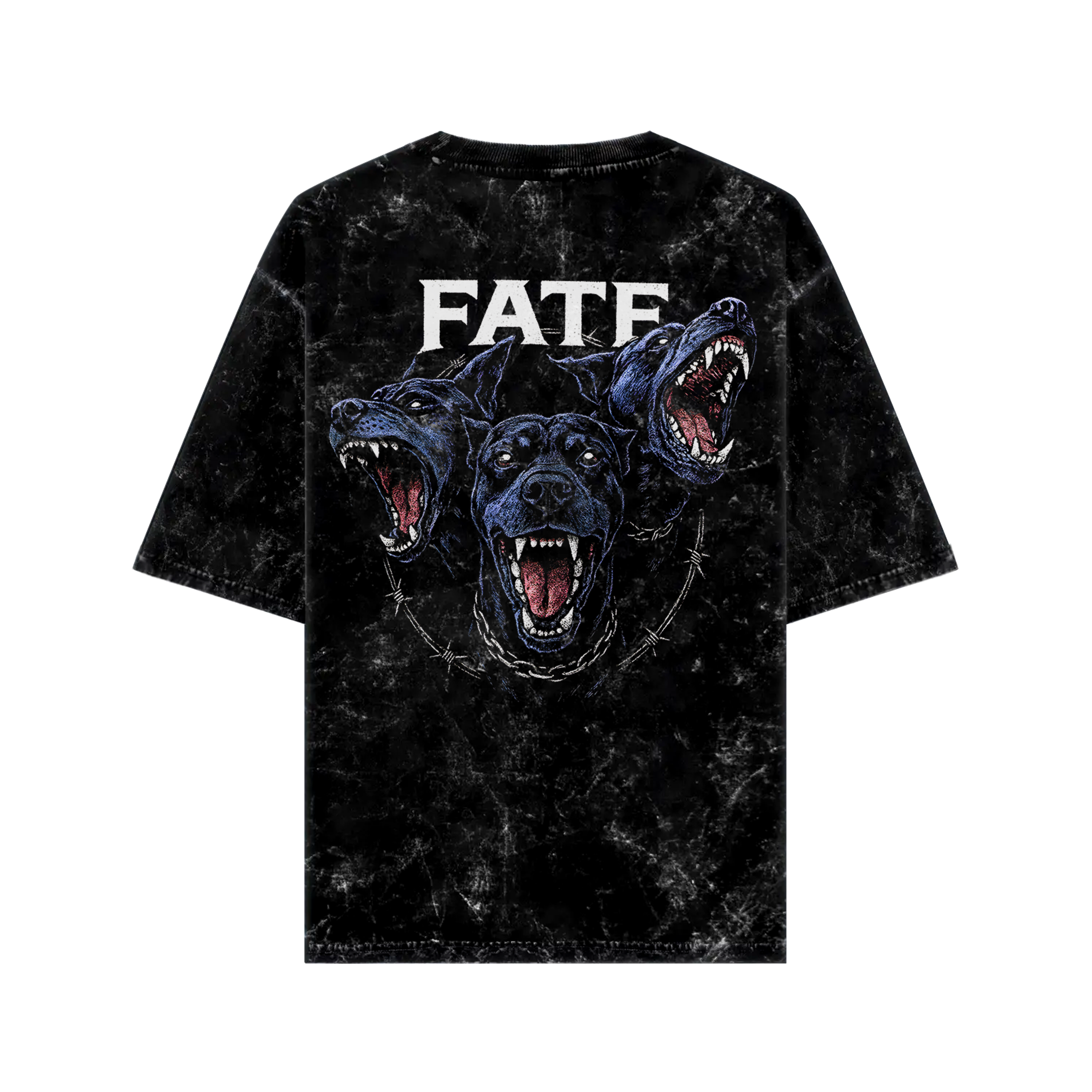 WHAT THE FATE Cerberus graphic tee with bold three-headed dog design on a black oversized t-shirt