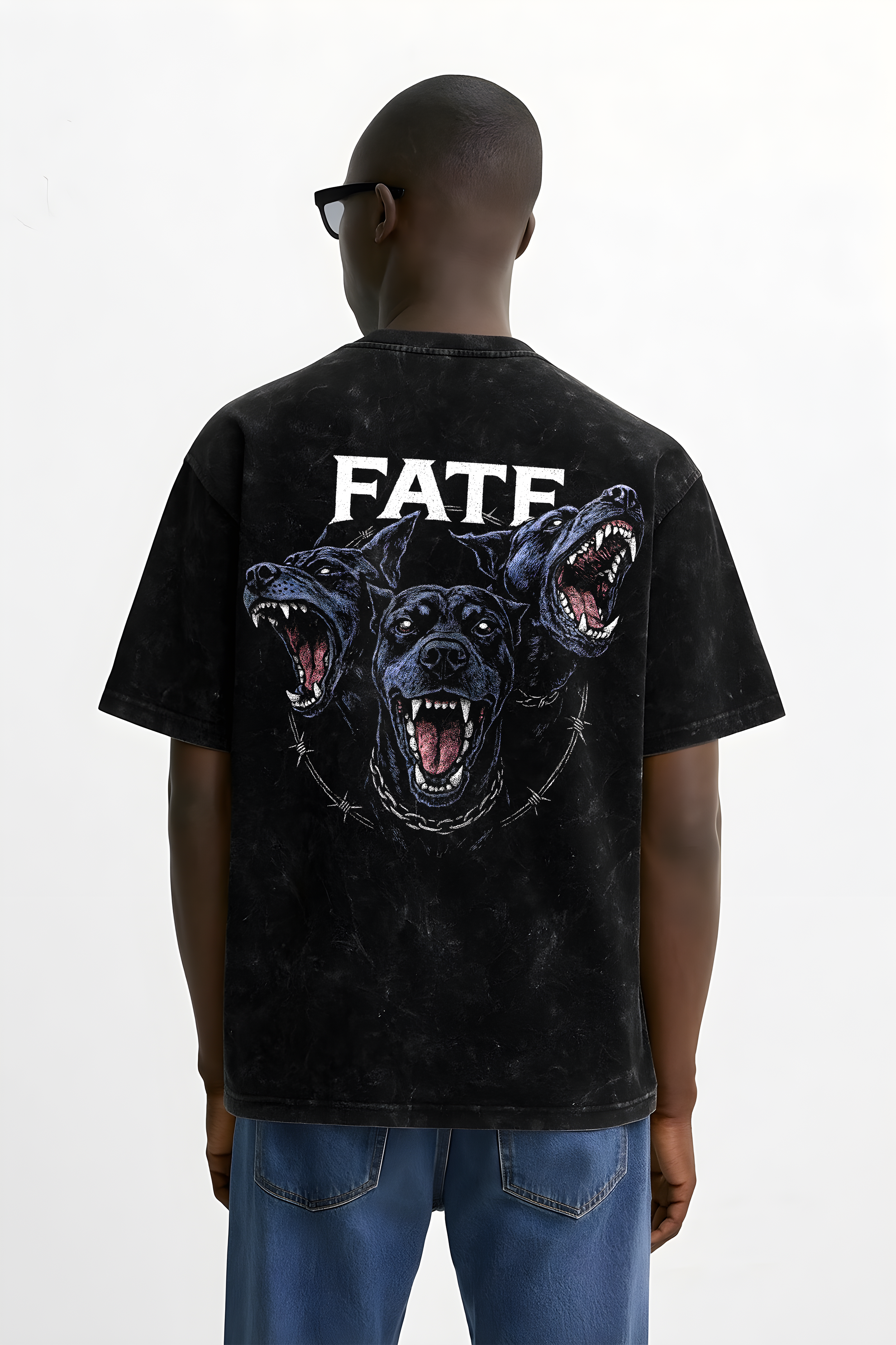 WHAT THE FATE Oversize Cerberus graphic tee with a striking three-headed dog design