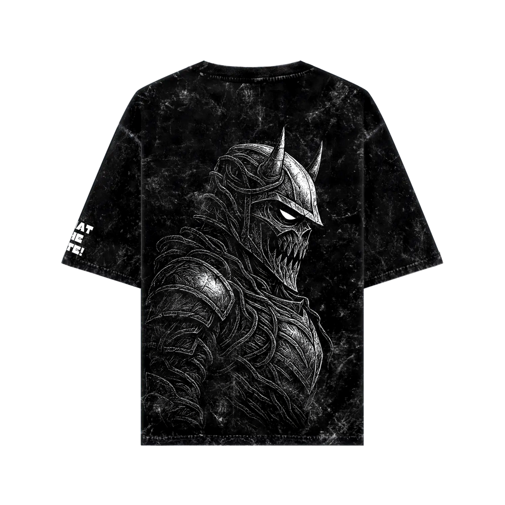 Oversize black dark warrior graphic tee featuring detailed character design on the back