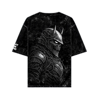 Oversize black dark warrior graphic tee featuring detailed character design on the back