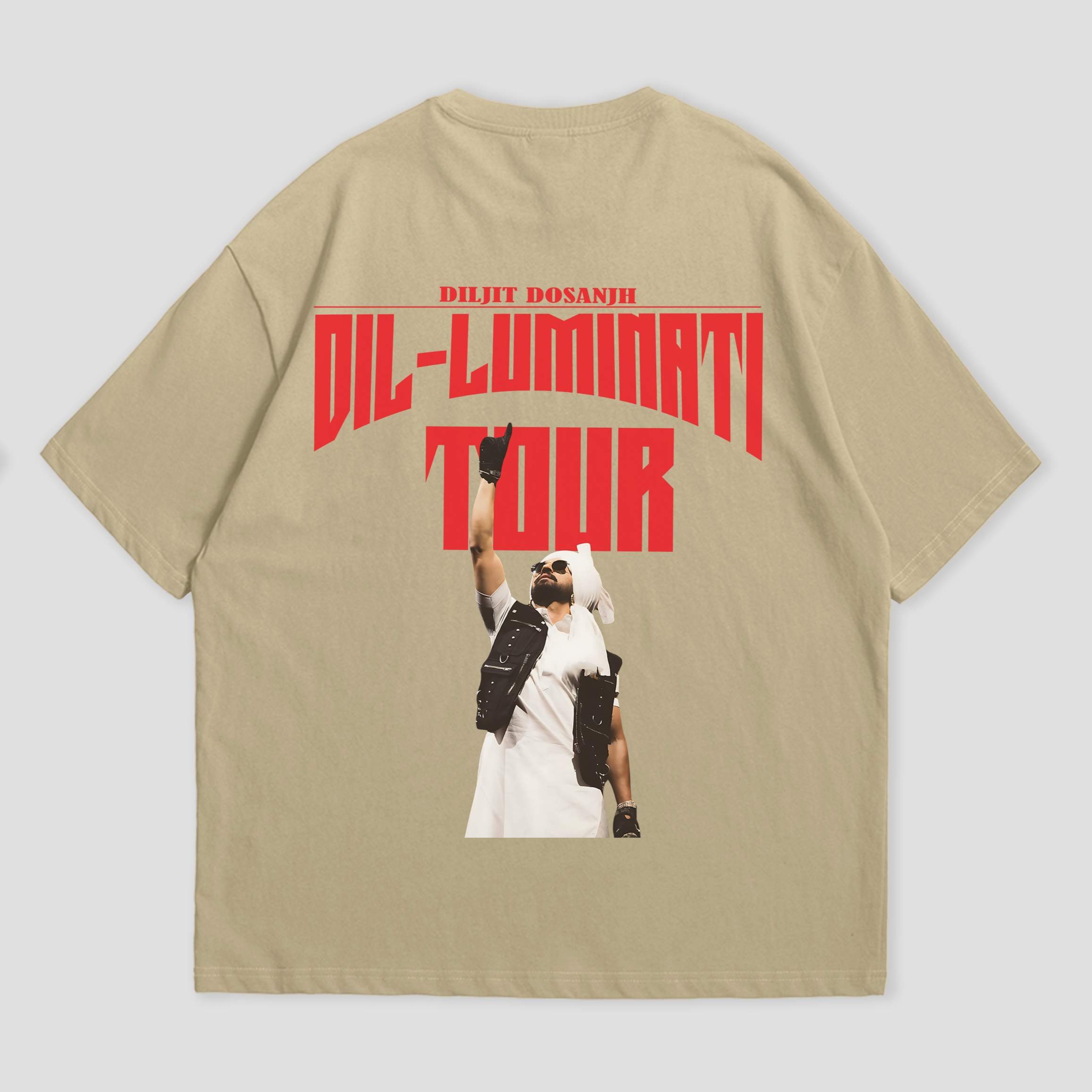 Back view of oversized black T-shirt by WHAT THE FATE with "Dil-Luminati Tour" graphic, showcasing a Diljit Dosanjh image. Perfect for music lovers and Diljit fans looking for unique tour merchandise and casual wear.