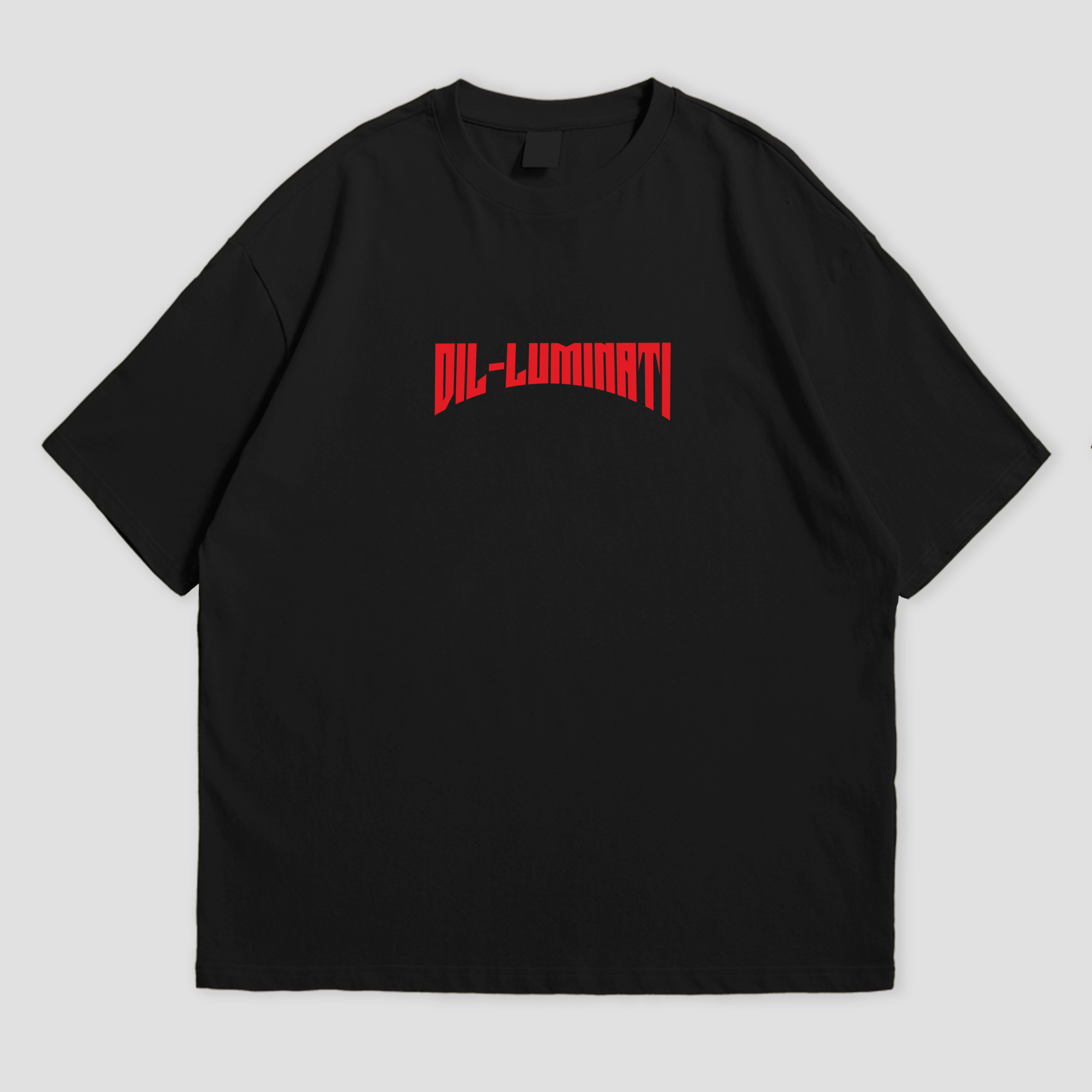 Front view of oversized black "Dil-Luminati Tour" T-shirt by WHAT THE FATE featuring bold red text, inspired by the Diljit Dosanjh tour. Ideal for fans of Punjabi music and concert-themed streetwear.