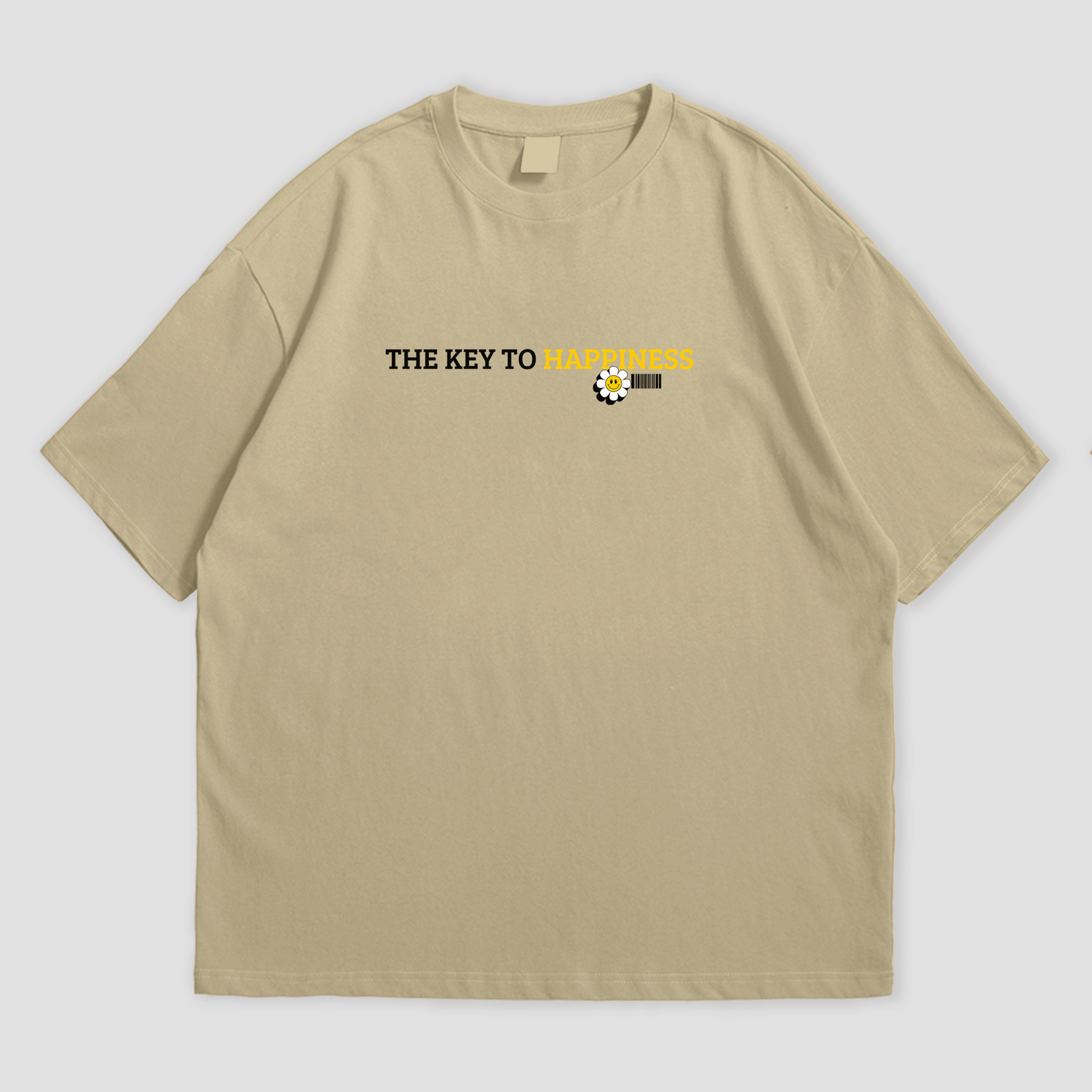 WHAT THE FATE Don't Waste Your Fate oversized t-shirt in black, with 'The Key to Happiness' text on the front and motivational message with flowers and butterflies on the back, 240 GSM terry cotton