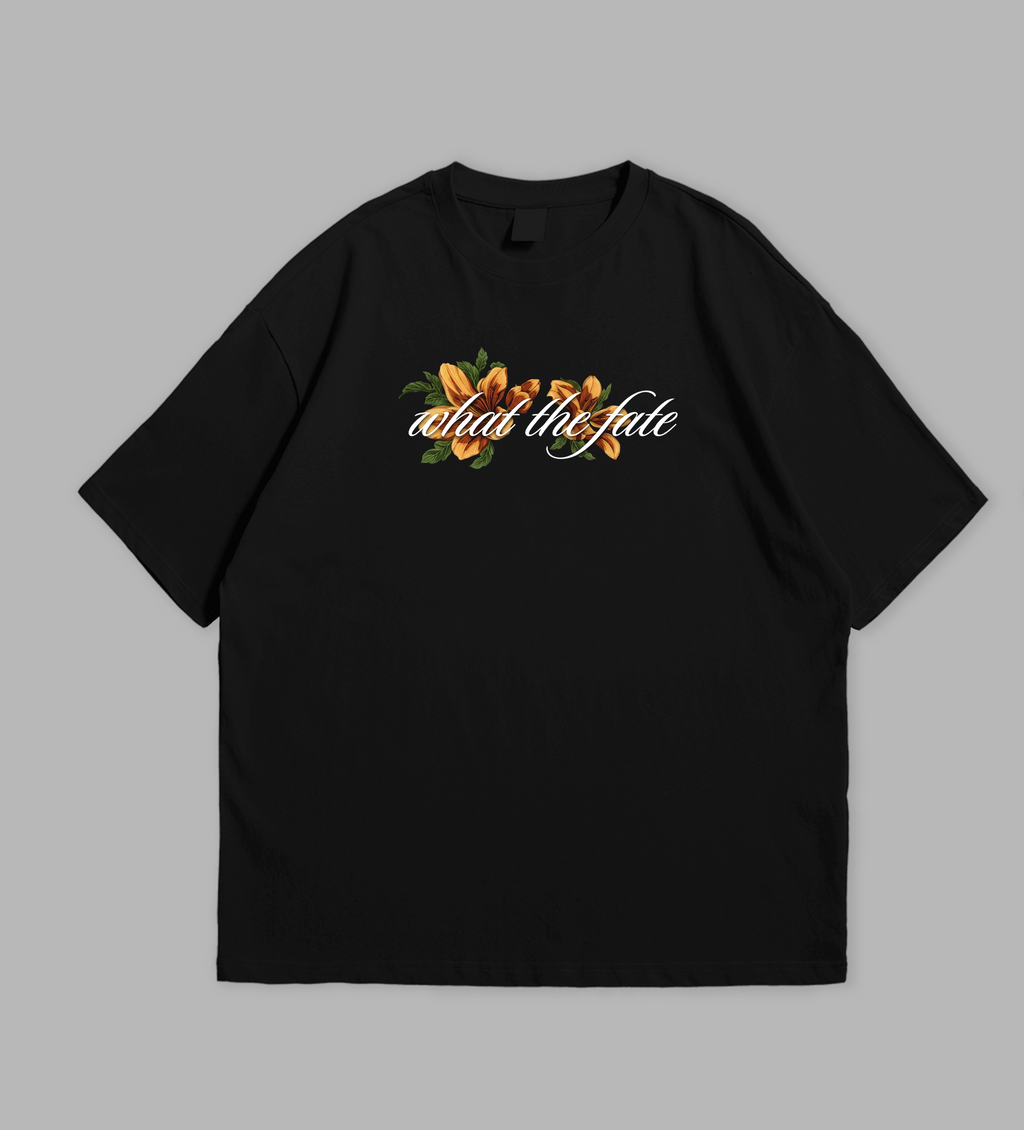 Black t-shirt with floral design and text on front and back against a gray background