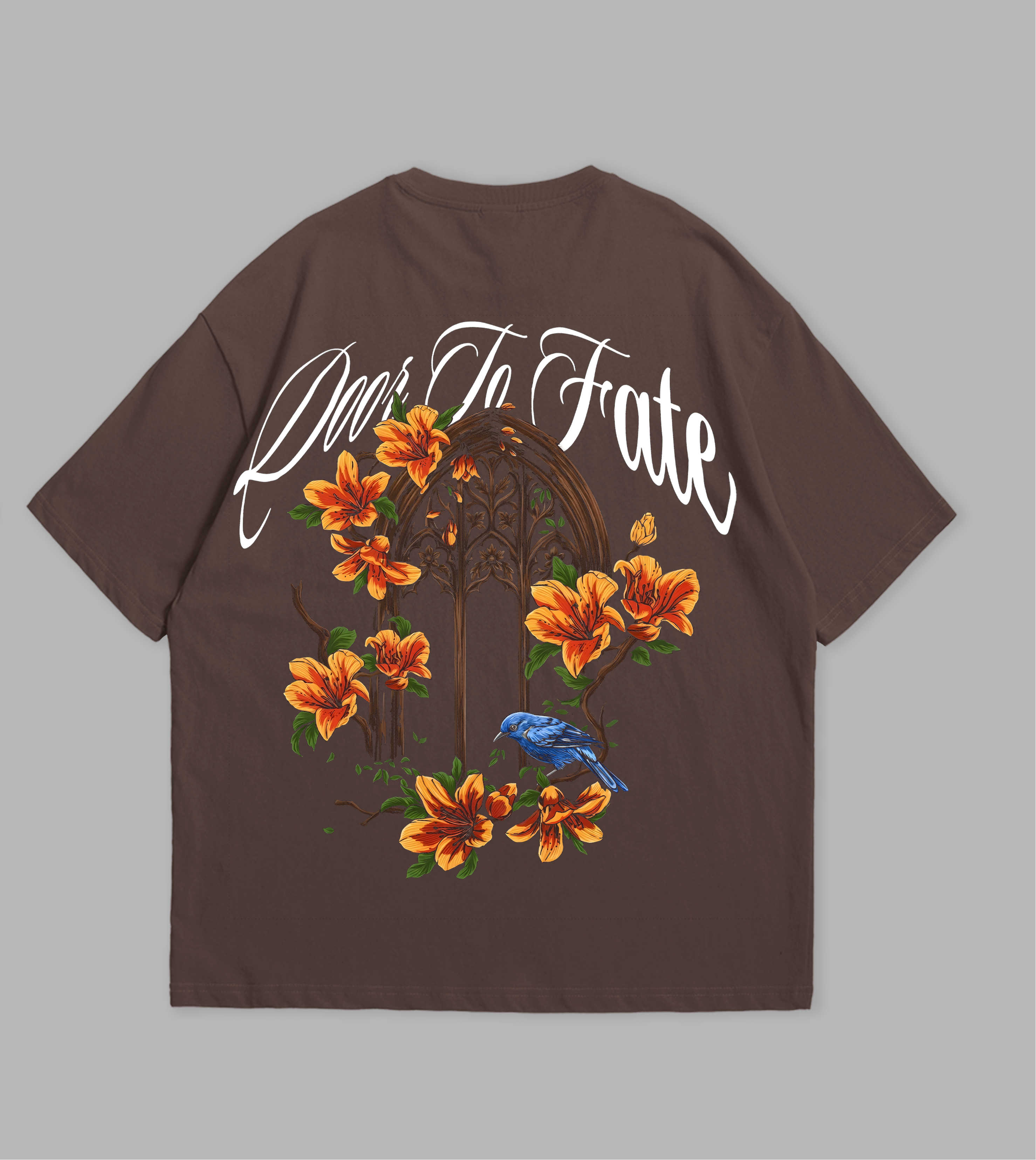 Brown t-shirt with floral and text design on a gray background