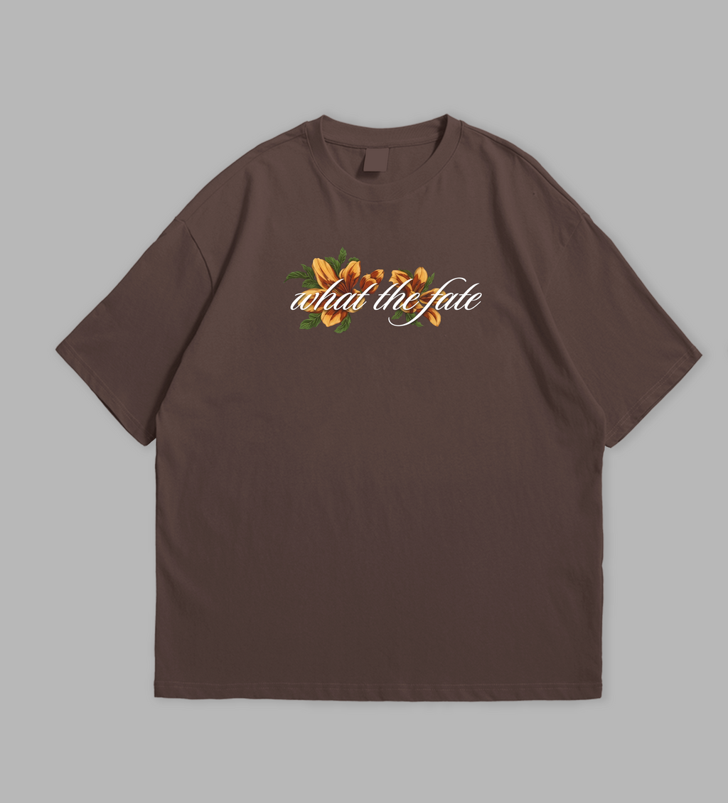 Brown t-shirt with floral and text design on a gray background