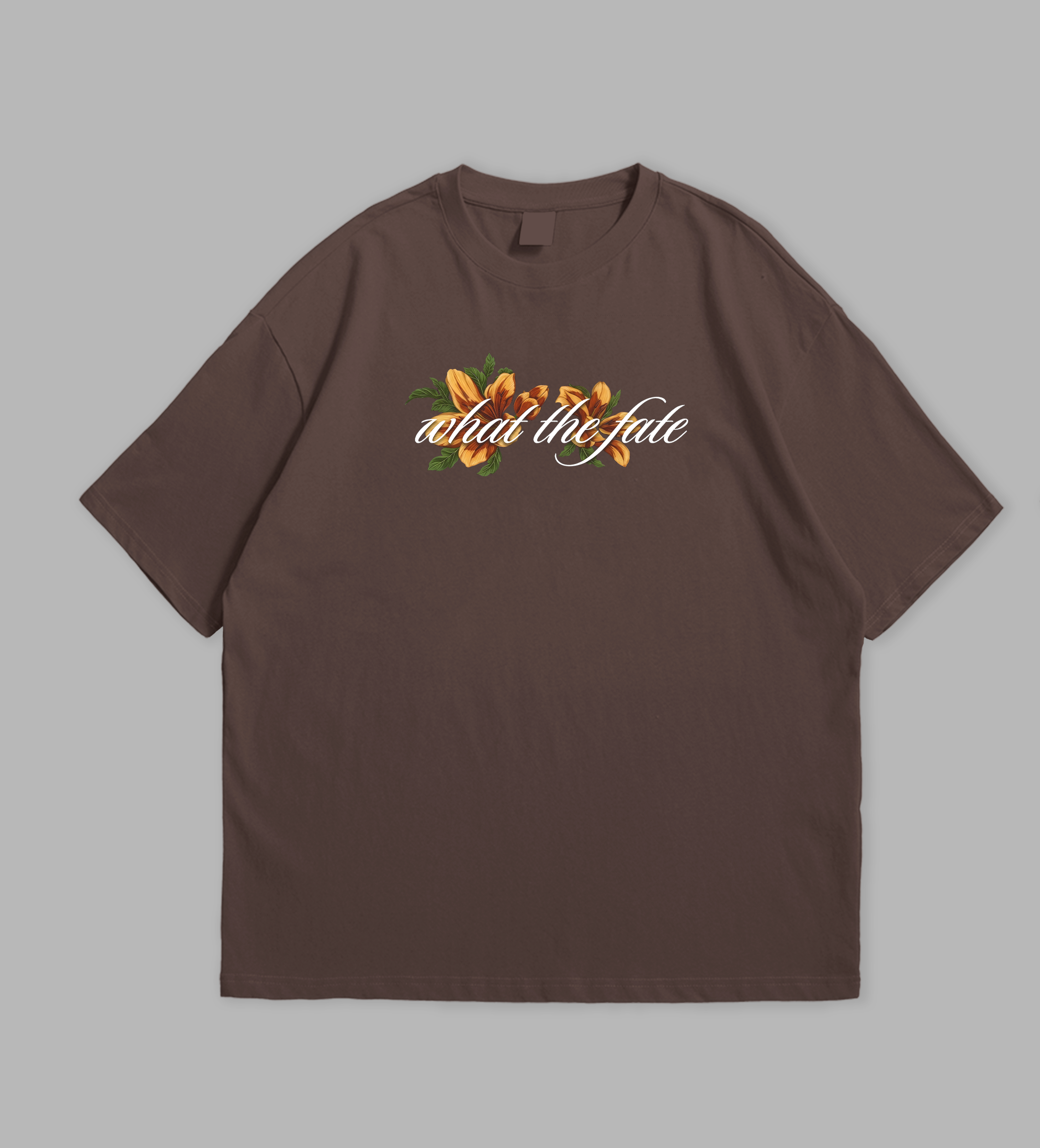 Brown t-shirt with floral and text design on a gray background