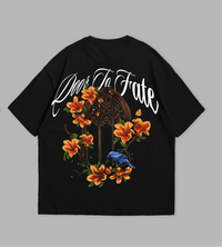 Black t-shirt with floral design and text on front and back against a gray background
