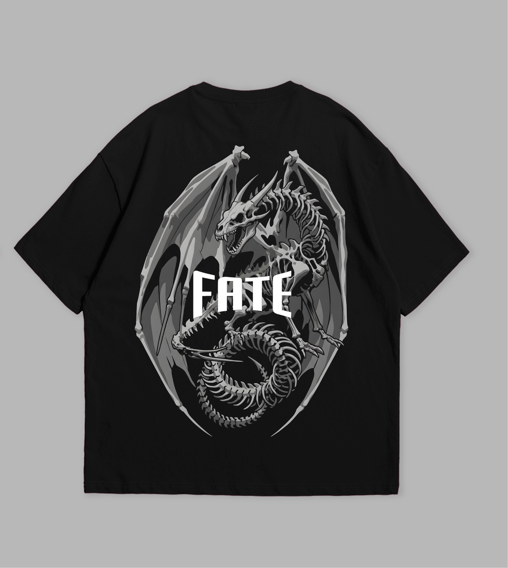 Black t-shirt with white graphic design and 'FATE' text on a gray background