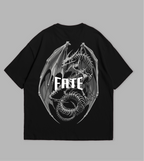 Black t-shirt with white graphic design and 'FATE' text on a gray background