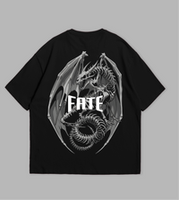Black t-shirt with white graphic design and 'FATE' text on a gray background