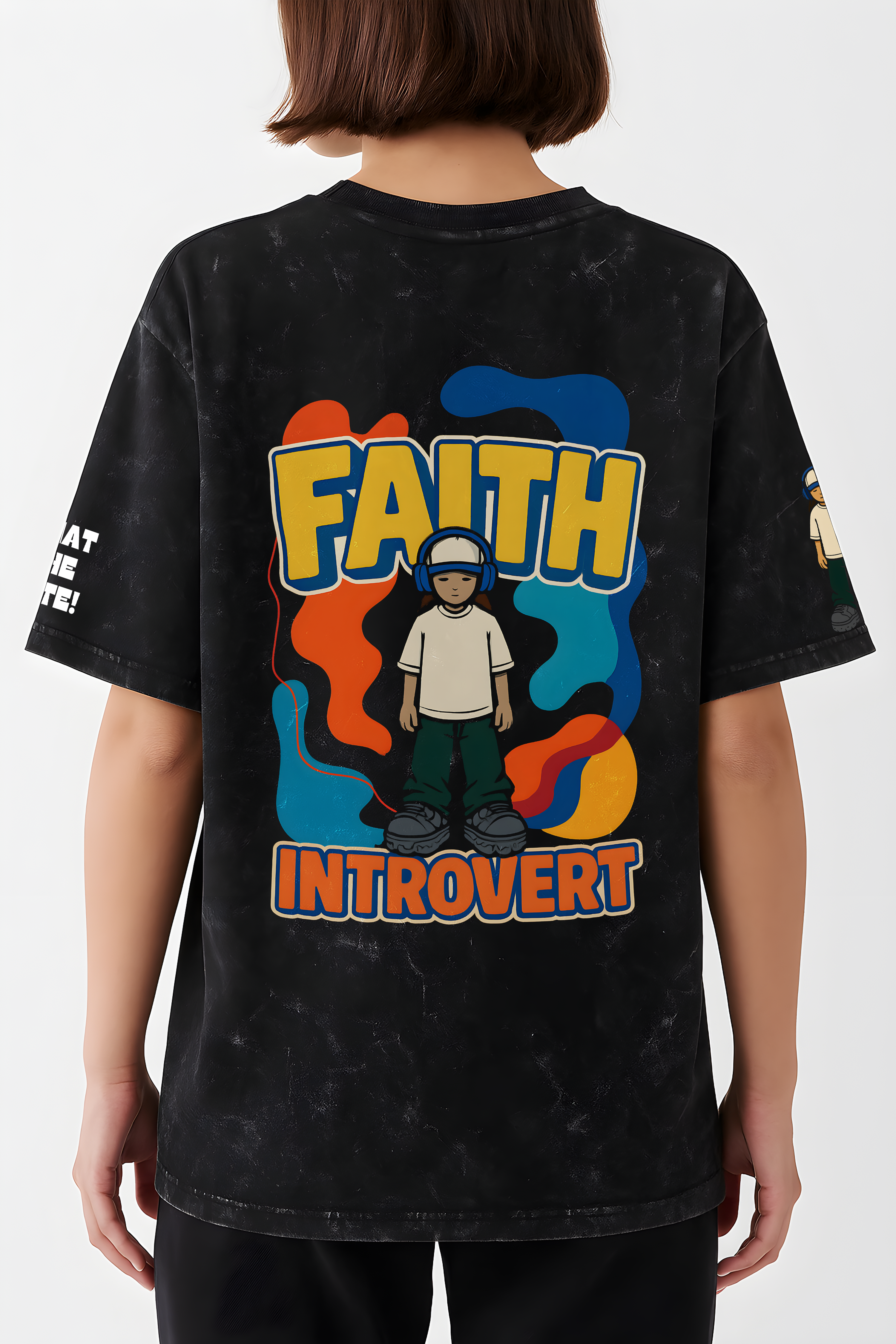 Back view of Faith introvert oversized t-shirt featuring colorful graphic design by WHAT THE FATE