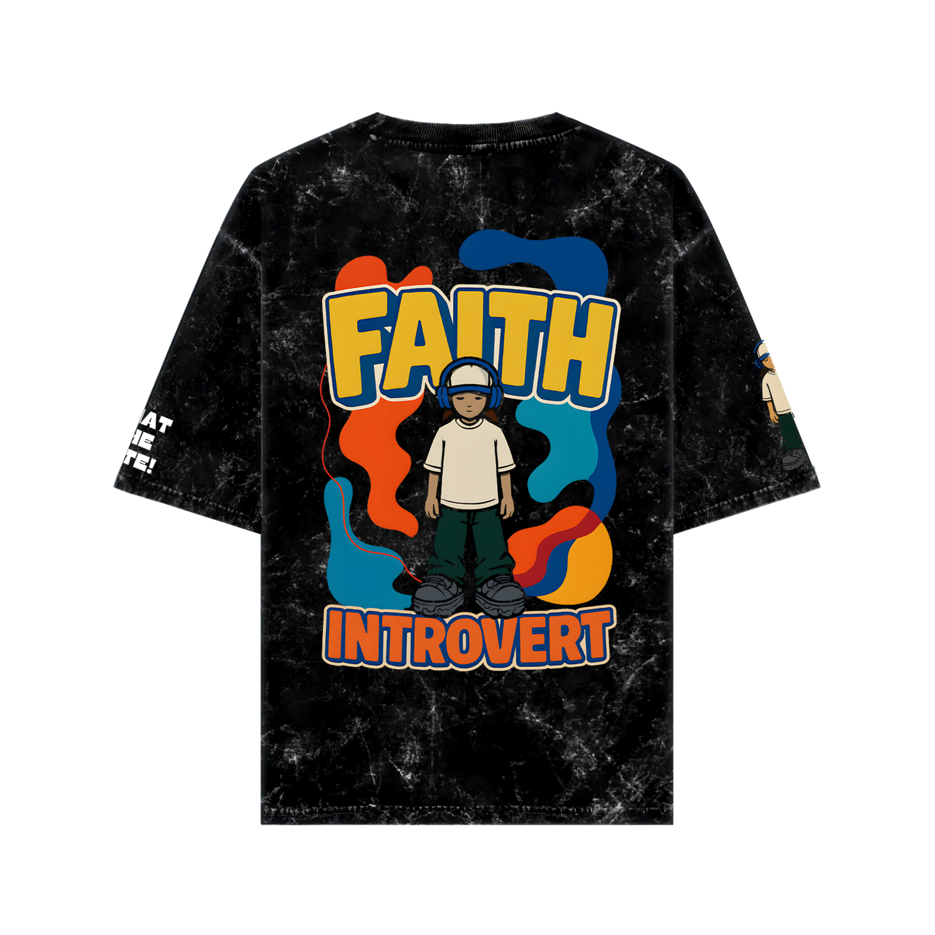 WHAT THE FATE Faith introvert oversized t-shirt with colorful graphic design on a black background