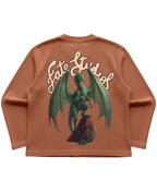 Brown long sleeve t shirt featuring a green dragon graphic and Fate Studios logo on the back