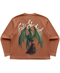 Brown long sleeve t shirt featuring a green dragon graphic and Fate Studios logo on the back