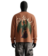 WHAT THE FATE Brown Long Sleeve T Shirt Featuring a Dragon and Fate Studios Graphic on the Back